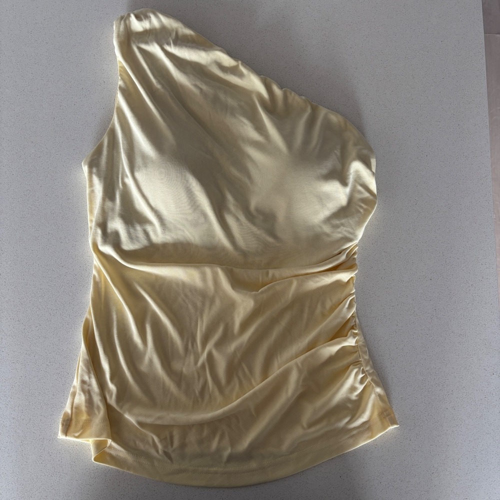 OGL One Shoulder Ruched Tank Top Built-In Bra Pale Yellow Size L